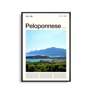 Impression du Péloponnèse Grèce, art mural du Péloponnèse, affiche du Péloponnèse, photo du Péloponnèse, paysage côtier, montagnes, villages