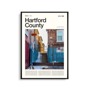Arte mural del condado de Hartford, Connecticut, impresión de paisaje panorámico de Nueva Inglaterra, póster del condado de Hartford, fotografía de la ciudad histórica y el campo