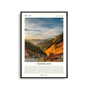 Impresión del estado de Washington, arte mural de Washington, póster de Washington, foto de paisaje montañoso, decoración natural, arte del noroeste del Pacífico