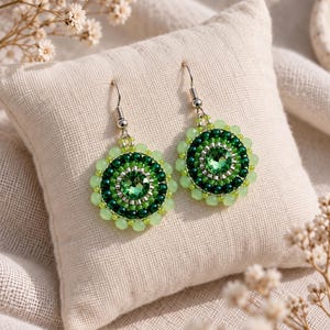 Round Beaded Statement Earrings in Mint & Green – Handmade Boho Jewelry