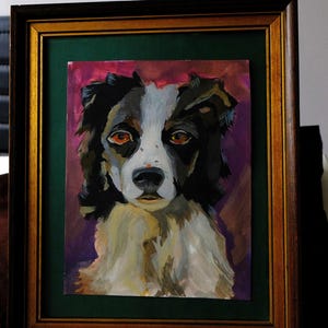 Ritratto di cane Border Collie Opera d'arte originale Pet Memoria Pittura a guazzo Regalo per amanti degli animali e dei cani Incorniciato