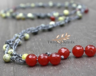 Gemstone Crochet Nano Cord Lariat Necklace Yellow Turquoise Jasper and Red Jasper