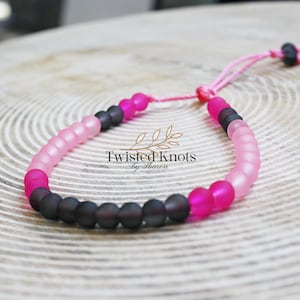 Trendy Pink, Hot Pink and Gray Cultured Sea Glass Beaded Bracelet Adjustable Micro Paracord Bracelet Women Handmade Boho Chic Jewelry Beachy