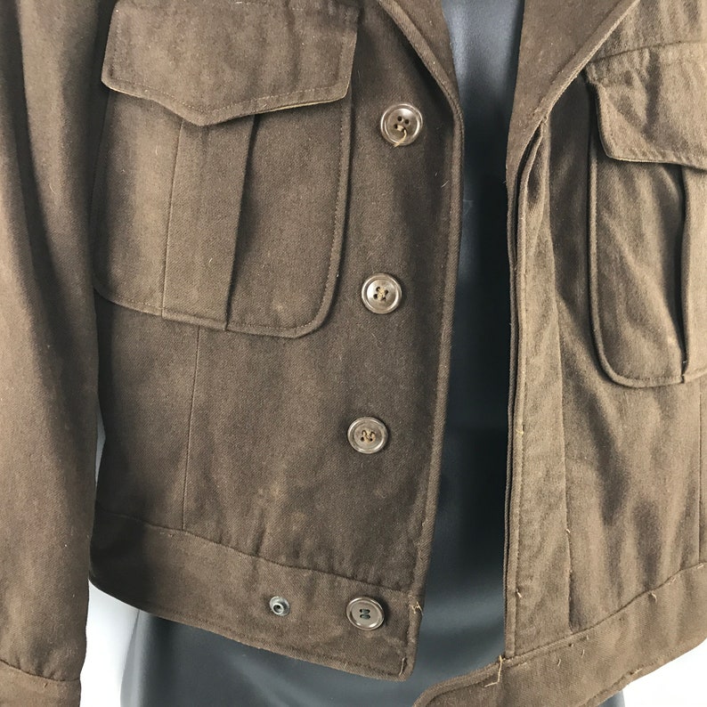 Vintage Brown Wool Military Jacket SZ 36L Fitted Waist Wide Notch