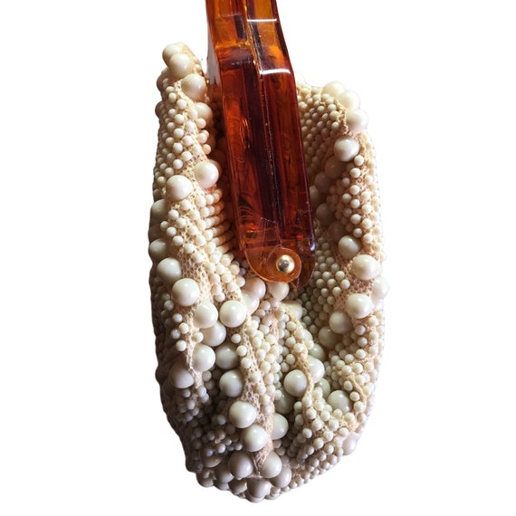 Vintage 50s Beaded Pearl Handbag with Lucite Hand… - image 2