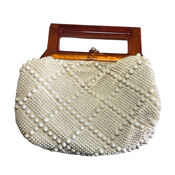 Vintage 50s Beaded Pearl Handbag with Lucite Hand… - image 1