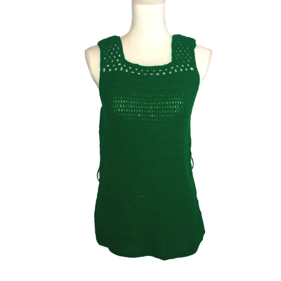 Vintage 70s Crocheted Green Tank Top With Belt SZ… - image 1