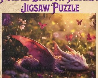 May include: A jigsaw puzzle with the text "Purple Dragon Fantasy Jigsaw Puzzle". The puzzle image features a sleeping purple dragon with pink wings, surrounded by flowers and butterflies in a fantasy setting.