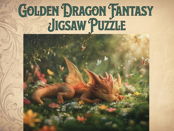 Golden Baby Dragon Puzzle 500 Pcs, 20x16 Fantasy Decor, Fairycore Dragoncore Puzzle Lover Gift Kids and Adults, Magical Home Activity Gift