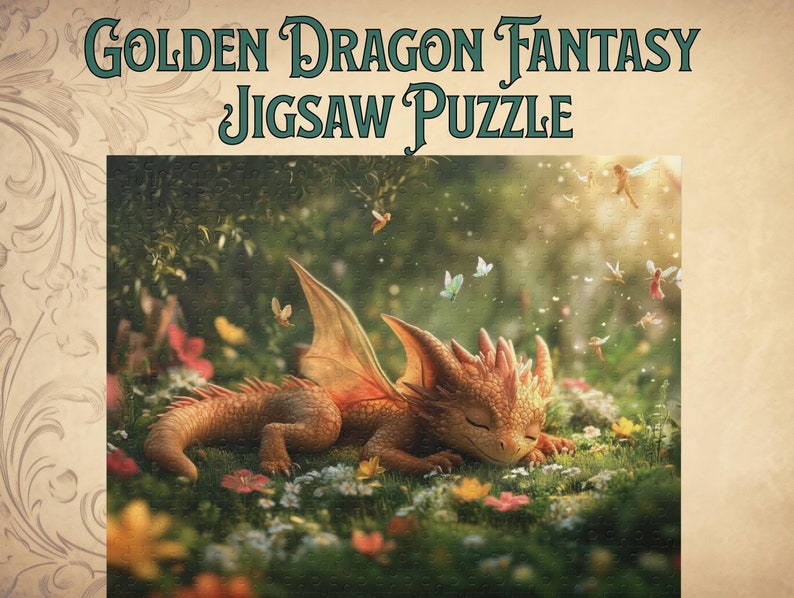 May include: A golden dragon sleeps peacefully in a field of flowers, surrounded by fairies and butterflies. The dragon has a long tail and large wings. The scene is set in a magical forest.