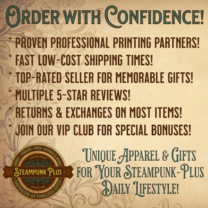 May include: A vintage-style advertisement with the text "ORDER WITH CONFIDENCE!" in a decorative font. The ad highlights features like professional printing, fast shipping, and 5-star reviews. It promotes unique apparel and gifts for a steampunk lifestyle.