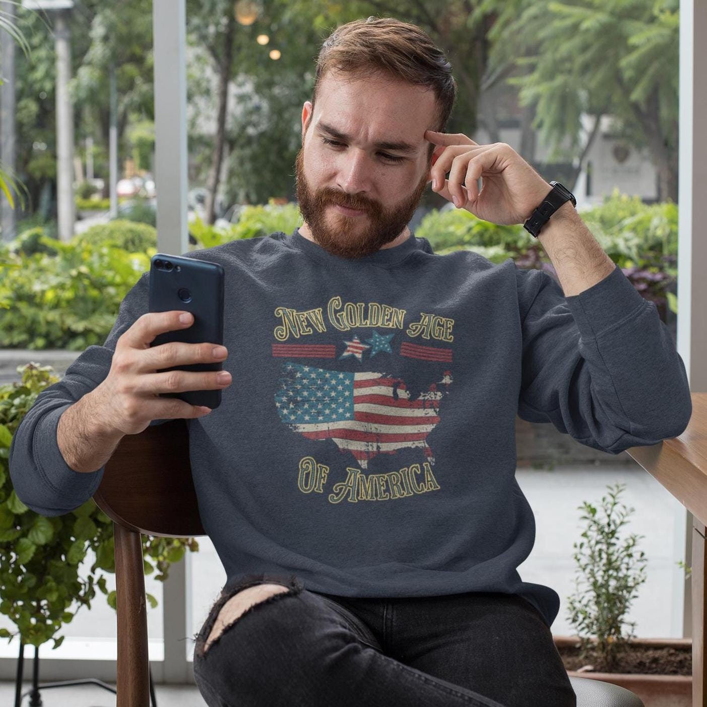 Vintage Americana Sweatshirt, New Golden Age of America, Patriotic Pullover Retro USA Clothing, American Flag, Morning in America Sweatshirt