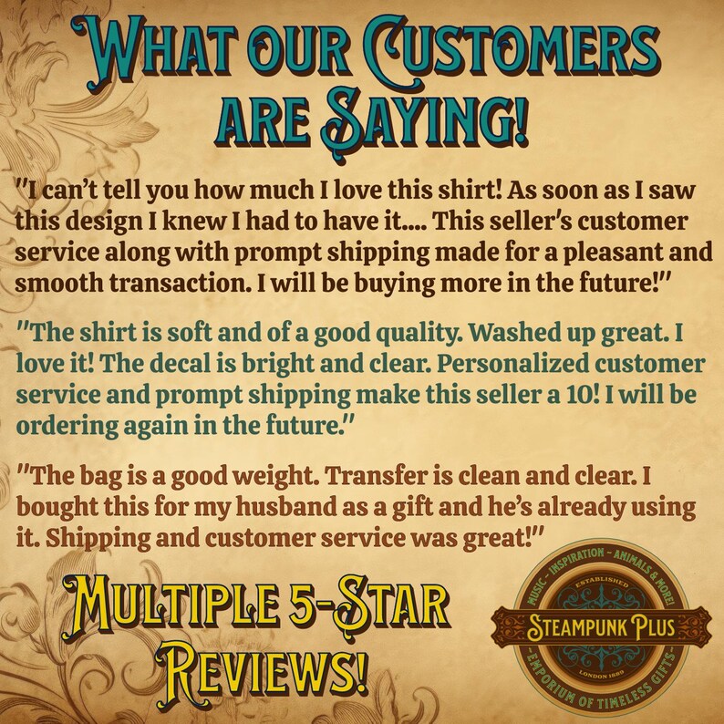 May include: A vintage-style graphic with the text "WHAT OUR CUSTOMERS ARE SAYING!" in teal script. Below, customer reviews praise product quality and service. The image also displays "MULTIPLE 5-STAR REVIEWS!" and a logo.