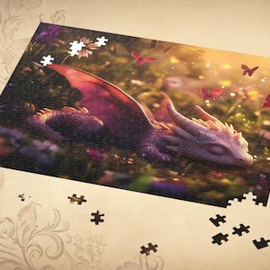 May include: A partially assembled jigsaw puzzle featuring a sleeping dragon with purple and red wings, resting in a field of flowers. Pink butterflies flutter around the dragon. Some puzzle pieces are scattered around the image.