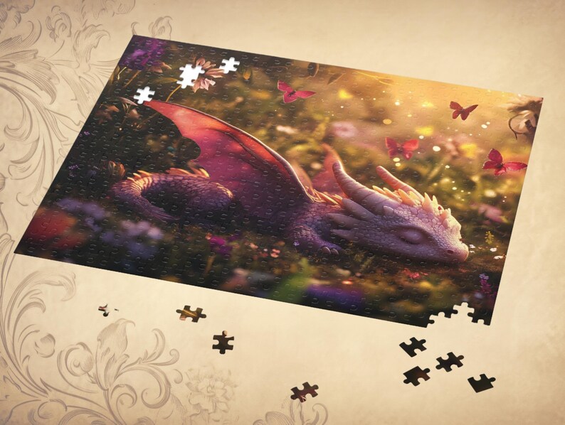 May include: A partially assembled jigsaw puzzle featuring a sleeping dragon with purple and red wings, resting in a field of flowers. Pink butterflies flutter around the dragon. Some puzzle pieces are scattered around the image.