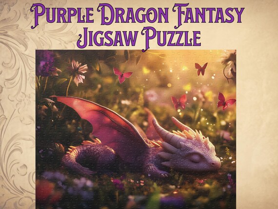 Purple Baby Dragon Puzzle 500 Pcs, 20x16 Fantasy Decor, Fairycore Dragoncore Puzzle Lover Gift Kids and Adults, Magical Home Activity Gift
