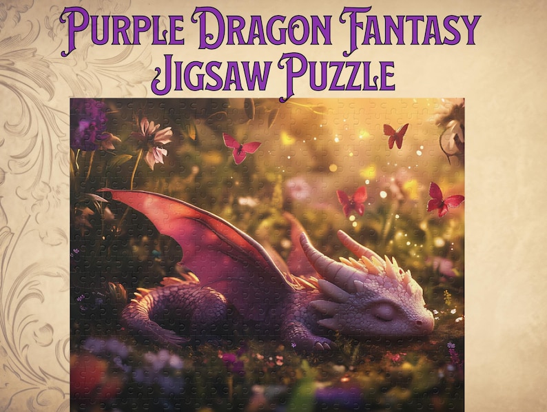 May include: A jigsaw puzzle with the text "Purple Dragon Fantasy Jigsaw Puzzle". The puzzle image features a sleeping purple dragon with pink wings, surrounded by flowers and butterflies in a fantasy setting.