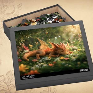May include: A 500 piece jigsaw puzzle featuring a sleeping dragon in a forest setting. The dragon is orange and brown with a green background. The puzzle is for ages 9 and up.