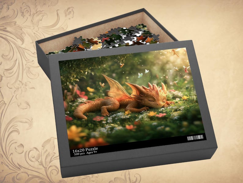 May include: A 500 piece jigsaw puzzle featuring a sleeping dragon in a forest setting. The dragon is orange and brown with a green background. The puzzle is for ages 9 and up.