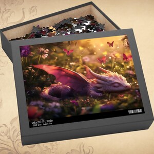 May include: A 16x20 inch puzzle box with a sleeping dragon illustration. The box is open, revealing puzzle pieces. The artwork features a purple dragon in a field with butterflies and flowers. The box is dark gray.