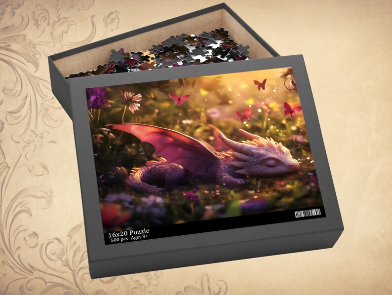 May include: A 16x20 inch puzzle box with a sleeping dragon illustration. The box is open, revealing puzzle pieces. The artwork features a purple dragon in a field with butterflies and flowers. The box is dark gray.