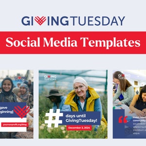 Puede incluir: Tres plantillas de publicaciones en redes sociales para el Giving Tuesday. La primera imagen muestra a un grupo de personas sonriendo. La segunda imagen muestra a una mujer con una chaqueta amarilla sonriendo. La tercera imagen muestra a un grupo de personas trabajando en un proyecto artesanal. El texto en las imágenes dice "Giving Tuesday" y "# días hasta el Giving Tuesday!"