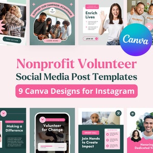 Nonprofit Volunteer Canva Social Media Templates | Editable Graphics for Non-Profit Volunteer Recruitment and Engagement