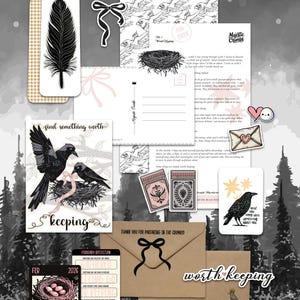May include: A collection of stationery items with a nature theme. Includes a bookmark with a feather, postcards with bird illustrations, stickers, and envelopes. The color palette is primarily black, white, and tan, with accents of pink.