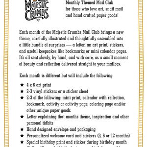 May include: A cream-colored card with a gold border and text. The card features the "Majestic Crumbs" logo and details about a monthly themed mail club, including art prints, stickers, and other paper goods. The text is in black.