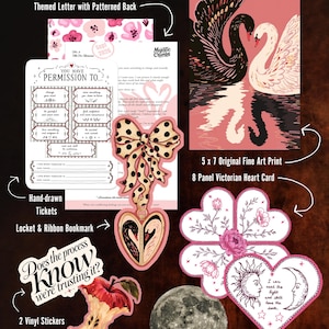 May include: A September Mail Club stationery set including a 5x7 inch swan art print, a heart-shaped 8-panel card, a locket and ribbon bookmark, two vinyl stickers featuring an apple core and text, and a circular glitter moon sticker.