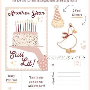 May include: A birthday-themed postcard and stickers set. The postcard features a cake with candles and the text "Another Year Still Lit!". Includes two vinyl stickers: a party hat and a duck with a party hat. The text "Birthday Rewards" is at the top.