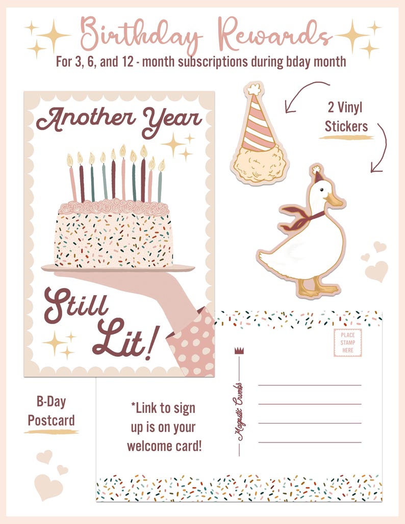 May include: A birthday-themed postcard and stickers set. The postcard features a cake with candles and the text "Another Year Still Lit!". Includes two vinyl stickers: a party hat and a duck with a party hat. The text "Birthday Rewards" is at the top.