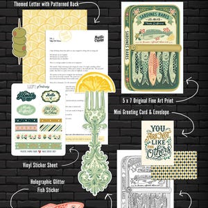 May include: A May Mail Club package with various stationery items. Includes a themed letter with a lemon pattern, stickers, a fish-shaped holographic sticker, a fork bookmark, a fine art print, a mini greeting card, and a coloring page. The art print features sardines.