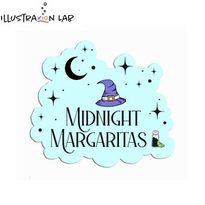 May include: A light blue sticker with the text "Midnight Margaritas" in a decorative font. The sticker features a witch hat, crescent moon, stars, and a salt shaker with a lime wedge.