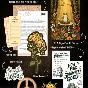 May include: August Mail Club stationery set including a themed letter, a 5x7 inch fine art print of a frog on a stump, a bulleted list, a flower bookmark, two vinyl stickers, an 8-page mini zine, and a glitter sticker with star patterns.