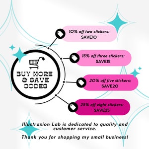 K&ouml;nnte beinhalten: Eine rosa und schwarze Grafik mit einem Einkaufswagen-Symbol und dem Text "BUY MORE & SAVE CODES". Die Grafik zeigt vier rosa Rabattcodes f&uuml;r den Kauf mehrerer Aufkleber: 10 % Rabatt auf zwei Aufkleber (SAVE1O), 15 % Rabatt auf drei Aufkleber (SAVE15), 20 % Rabatt auf f&uuml;nf Aufkleber (SAVE20) und 25 % Rabatt auf acht Aufkleber (SAVE25).