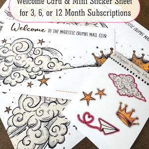 May include: A collection of white cards and sticker sheets with whimsical illustrations. The cards feature clouds, stars, and crowns, with the text "Welcome to the Majestic Crumbs Mail Club." The sticker sheet includes a paper airplane and heart.