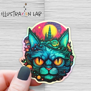 Holographic Cosmic Cat Sticker | Space Cat Sticker | Fantasy Cat Sticker | Neon Sticker | Celestial Sticker | Moon Decal | Laptop Sticker |