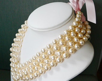 Vintage .. Necklaces, Cream bead Pearl Faux , 2, 35 inch Long 10mm