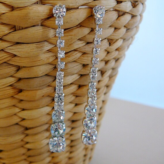 Vintage .. Earrings, Czech Rhinestone Clear, Dang… - image 1