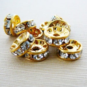 Czech Rhinestone Bead, Rondel Spacer, Clear, 9mm, Brass Frame image 2