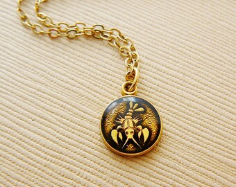 Vintage .. Necklace, Horoscope Charm, Chain Cancer the Crab Black Enamel Goldtone