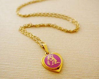 Vintage .. Necklace, Charm, Chain Pink Aquarius Horoscope Goldtone Heart