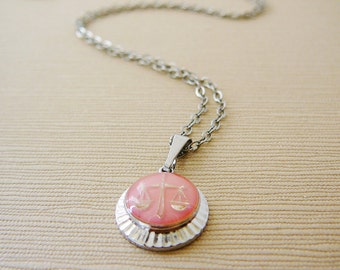 Vintage .. Charm Necklace, Libra Horoscope pendant Silvertone Chain