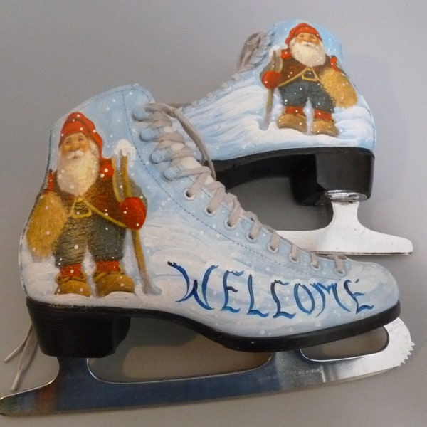Vintage Ice Skates Decoupage and Painted Scandinavian Gnome, Winter Painted Ice Skates, Welcome Gnome