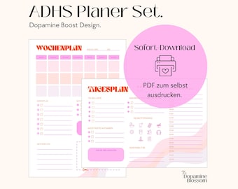 Puede incluir: Un conjunto de planificadores imprimibles rosa y blanco para gestionar las tareas diarias y semanales. El conjunto incluye un planificador semanal y un planificador diario con secciones para listas de tareas, tareas importantes y autocuidado. El texto "ADHS Planer Set. Dopamine Boost Design." está en la parte superior de la imagen. El texto "Sofort-Download PDF zum selbst ausdrucken." está en un círculo rosa con un icono de impresora.