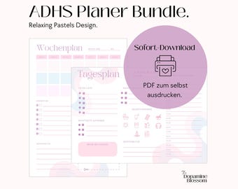 May include: A digital planner bundle with a relaxing pastels design. The image includes a weekly planner and a daily planner, with space for to-do lists and notes. The text includes "ADHS Planer Bundle" and "Relaxing Pastels Design."