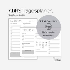 Könnte beinhalten: Ein druckbarer Tagesplaner, der für Menschen mit ADHS entwickelt wurde. Der Planer enthält Abschnitte für To-Do-Listen, wichtige Aufgaben, Selbstpflege und Brainstorming-Ideen. Der Text auf dem Planer lautet "ADHS Tagesplaner. Clear Focus Design. Sofort-Download PDF zum selbst ausdrucken. The Dopamine Blossom."