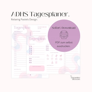 以下が含まれることがあります： パステルピンクとブルーのデザインの印刷可能なデイリープランナー。プランナーのタイトルは「ADHS Tagesplaner」で、「Mein Tagesablauf」、「Wichtigste Aufgaben」、「To Do Liste」、「Wichtigste Aufgaben」、「Meine Belohnung」、「Selbstfürsorge」、「Unterbrechungen」のセクションがあります。「Sofort-Download PDF zum selbst ausdrucken.」というテキストも含まれています。