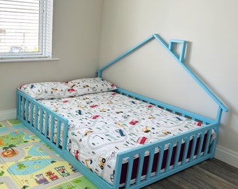 Handcrafted Wooden Toddler Floor Bed with Roof | Eco-Friendly Montessori-Inspired Bed for Kids | Multiple Colors Available